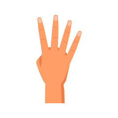 Fototapeta premium Number four, isolated hand gesture showing digits. Counting or enumerating, nonverbal communication and symbols. Fingers up front side. Vector in flat style