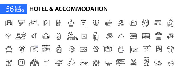 56 hotel and accommodation icons. Travel lodgings. Pixel perfect, editable stroke