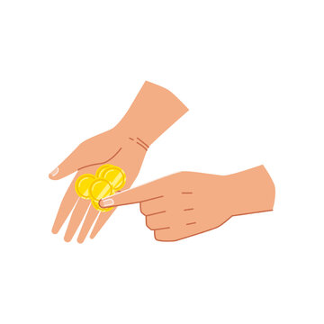 Counting golden coins in hands, isolated arms holding cash money. Paying or giving financial assets, change while buying. Vector in flat cartoon style