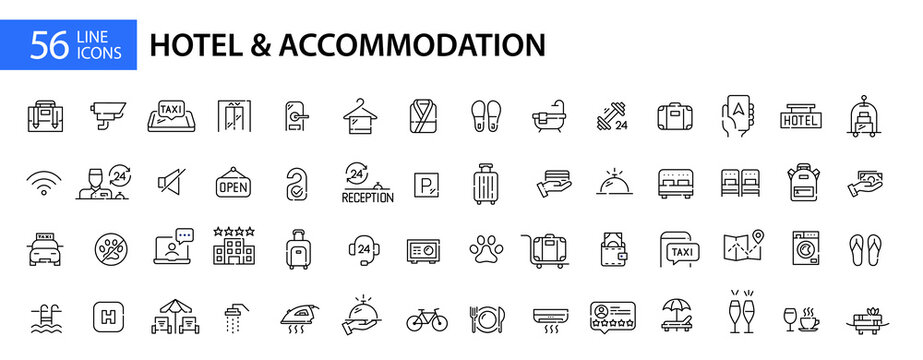 56 hotel and accommodation icons. Travel lodgings. Pixel perfect, editable stroke