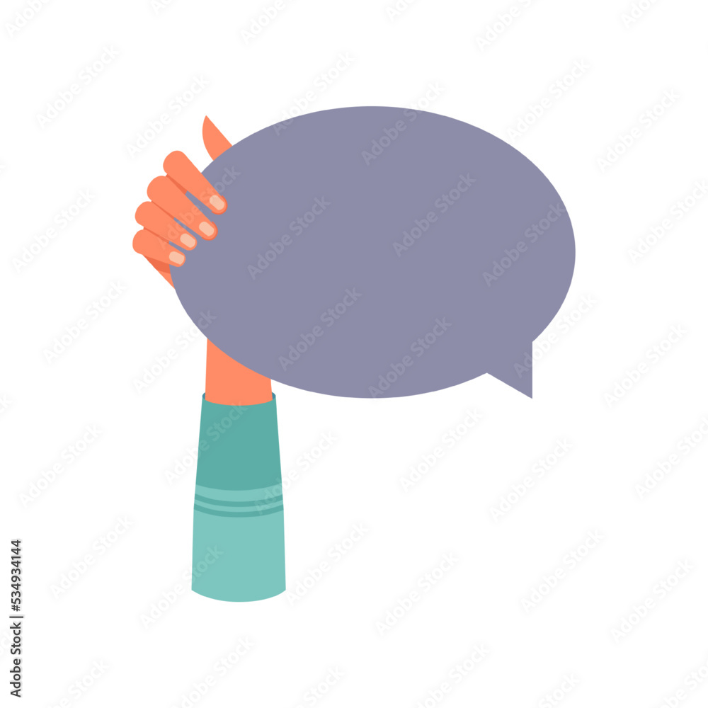 Poster Person hand holding piece of paper or sign in shape or thought or speech bubble. Isolated arm with feedback or quotation with copy space. Vector in flat cartoon style