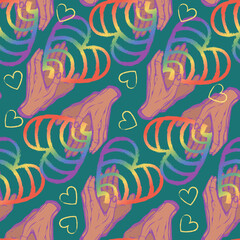 Fototapeta na wymiar Vector illustration. Hands holding hearts LGBT rainbow. Pattern. Dark background, wallpaper