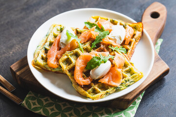 Belgian waffles with zucchini and greens with cottage cheese and salted salmon