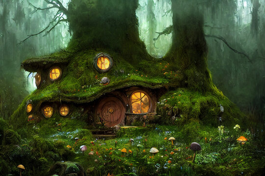 Magical fantasy fairy tale scenery of tree house at night in a forest