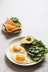 Healthy Breakfast with Wholemeal Bread Toast, Eggs with Green Salad, Avocado. traditional breakfast