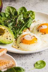 Healthy Breakfast with Wholemeal Bread Toast, Eggs with Green Salad, Avocado. traditional breakfast