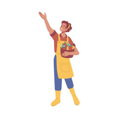 Harvesting woman at farm picking ripe apples in basket or box. Isolated female character working in agricultural business. Vector in flat cartoon style