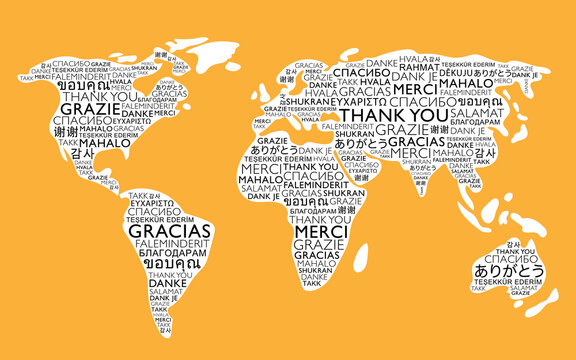 Thank you in different international languages concept text on world map background. Vector illustration design.