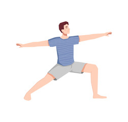 Fototapeta na wymiar Man character working out and doing exercises to keep fit and lose weight. Isolated male personage growing muscles practicing. Vector in flat cartoon style