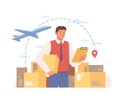 Logistics Company Manager Controlling Process Of Transportation Of Goods And Delivery Of Parcels. Isolated Man Personage And Air Plane. Vector In Flat Cartoon Style