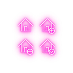 house plus check minus sign neon icon