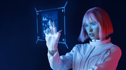 Woman with futuristic tablet in hand. Girl in glasses of virtual reality. Augmented reality, future technology, AI concept. Holographic interface to display data. Dark background.