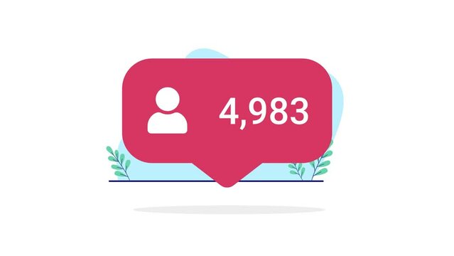 Social media user growth - Red bubble design element with growing number counting up to 10.000 people following channel. Flat design animation