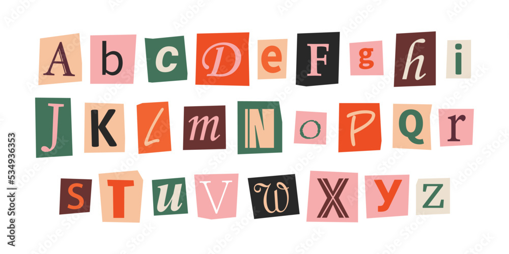 Fototapete vector ransom font in y2k style. letters cut-outs from newspaper or magazine. retro character set. c