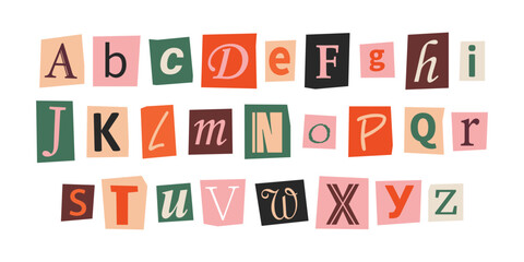 Vector ransom font in y2k style. Letters cut-outs from newspaper or magazine. Retro character set. Criminal alphabet. Ransom colorful text.