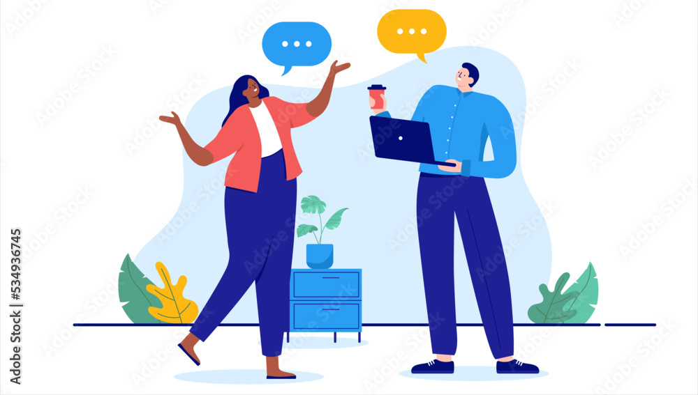 Aufkleber work talk - two people chit-chatting and discussing in office being happy and smiling with speech bu