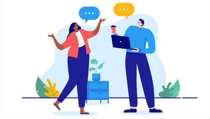 Work talk - Two people chit-chatting and discussing in office being happy and smiling with speech bubble over heads. Cartoon vector illustration in flat design with white background