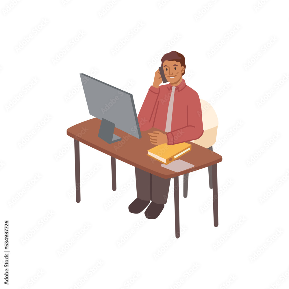 Poster director of company or businessman talking on phone sitting by computer in office. worker or employe