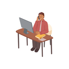 Director of company or businessman talking on phone sitting by computer in office. Worker or employee dealing with partners. Vector in flat cartoon style