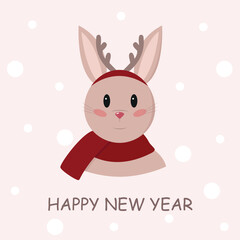 Obraz na płótnie Canvas New Year's card with cute rabbit in red scarf and headband with deer antlers. Beige background with white snowflakes. Vector illustration.