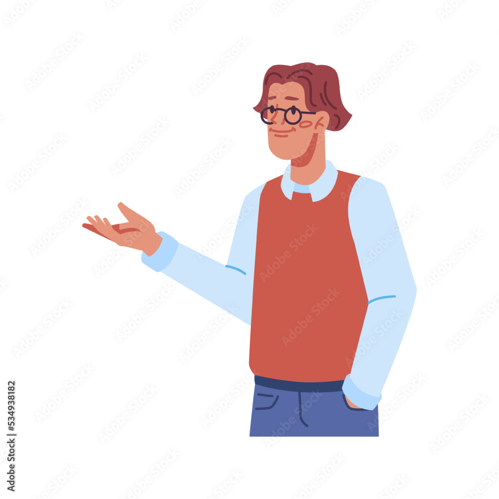 Poster worker or businessman showing aside with hand, isolated gesturing man wearing glasses and formal clo