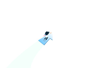 Fototapeta na wymiar Salary Man Sitting on an arrow with wings flying straight at the target quickly. Set a goal and soar to that goal.