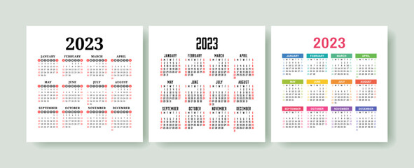 Calendar 2023 year set. Vector square template collection. Ready design. January, February, March, April, May, June, July, August, September, October, November, December