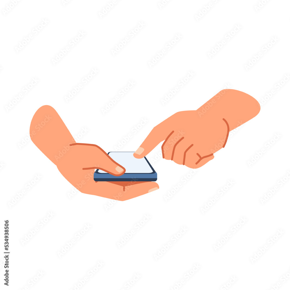 Poster personage hands holding and using smartphone cell. isolated arms with modern gadget, device for chat