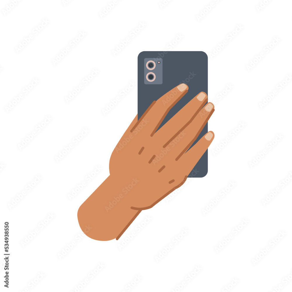 Poster arm of personage user holding smartphone with cameras and neural corpus. isolated hand of character 
