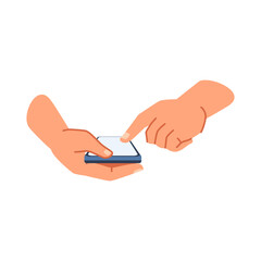 Personage hands holding and using smartphone cell. Isolated arms with modern gadget, device for chatting and communication. Vector in flat cartoon style