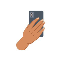 Arm of personage user holding smartphone with cameras and neural corpus. Isolated hand of character with gadget, electronic device. Vector in flat cartoon style