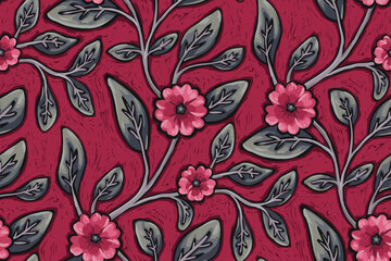 Seamless pattern, artistic floral print with painting botanical arrangement. Vintage surface design with winter plants: flowers, gray leaves, branches on a dark background. Vector illustration.