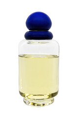 Bottle of feminine cologne perfume with blue cap for mockup
