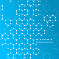 Abstract background of hexagonal molecular structure. The concept of innovative healthcare, biotechnology, nanotechnology. Illustration with chemical and genetic compounds.