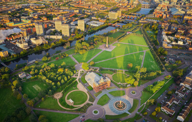 Aerial view of Glasgow Green and the River Clyde at sunrise