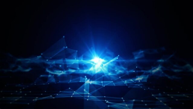 Technology big data with slow moving polygons dark blue abstract background, 3d rendering animation 4k