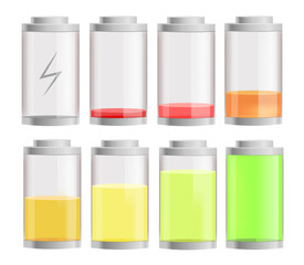 A set of batteries with different levels of charge. Device charge icons. Phone charge. Isolated vector illustration.