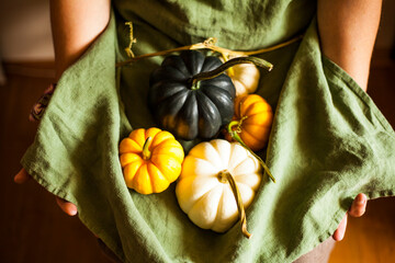 woman in linen wear holding a pumpkins.autumn background
