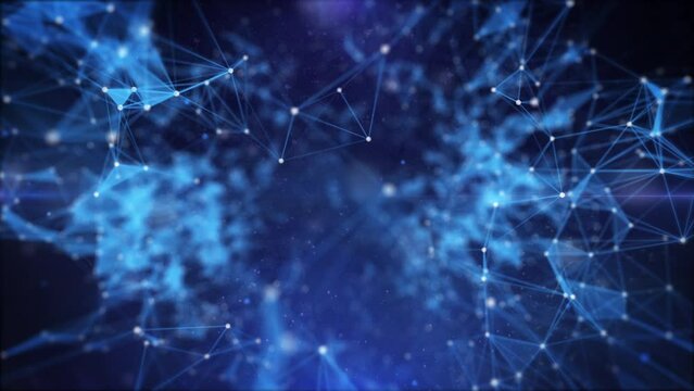 Abstract digital low poly data network flowing 4K motion zoom in shot on blue background.