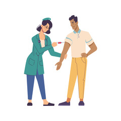 Fototapeta premium Covid vaccination and healthcare, preventive measures protecting from diseases. Isolated doctor with syringe in clinics or hospital. Vector in flat cartoon style