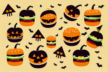 Halloween scary background for fast food with hamburgers and scary pumpkins