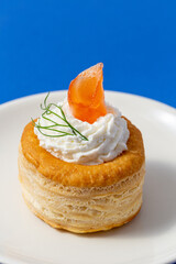 Vol au Vent with seafood on a blue background