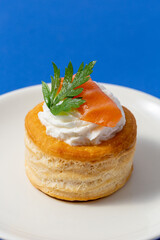 Vol au Vent with seafood on a blue background