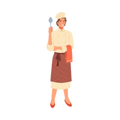 Female cook holding spoon and towel. Isolated chef working in restaurant of cafe, preparing food. Personage or character, vector in flat cartoon style