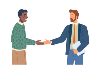 Fototapeta premium Boss and employee giving handshake, isolated people greeting or making agreement. Partners or colleagues collaboration. Personage or character, vector in flat cartoon style