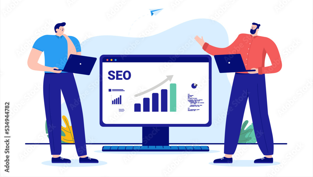 Leinwandbilder seo improvement - two people working with search engine optimisation watching chart go up. cartoon v