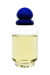 Bottle of feminine cologne perfume with blue cap for mockup