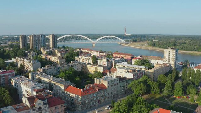Aerial view of Petrovaradin fortress trdava above the Danube River across from Novi Sad Serbia with zezelj bridge