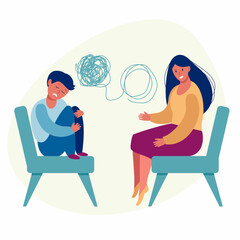 A psychologist girl is having a conversation with a sad child who is confused. Mental health, autism.