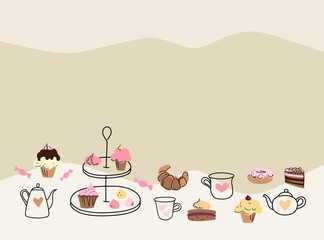 Afternoon tea set with cakes, doodle sketch hand drawn vector design.